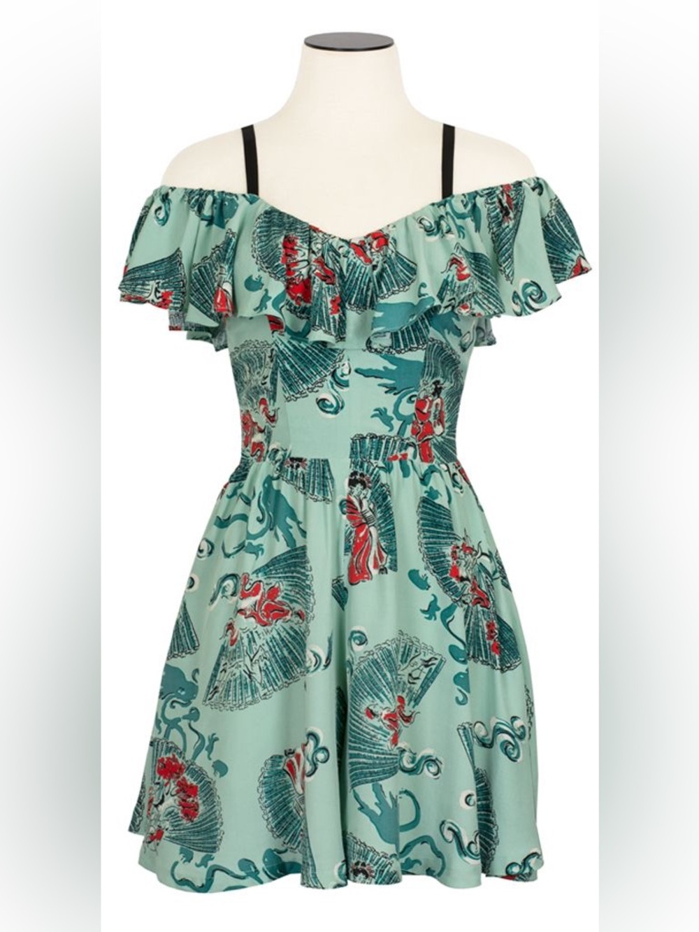 Trashy Diva Mint Green Off-Shoulder Ruffle romper with Fan Print absinthe